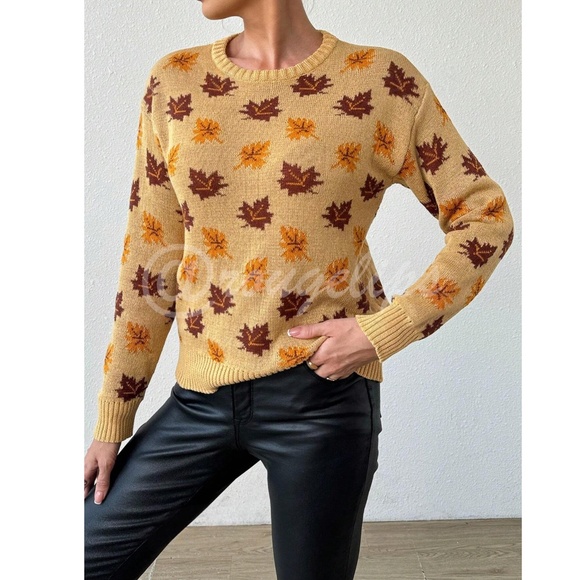 Leaf Print Knit Khaki Sweater Pullover for Fall Autumn - Picture 3 of 7
